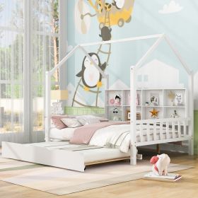 Wooden Full Size House Bed with Trundle,Kids Bed with Shelf, White - as pic
