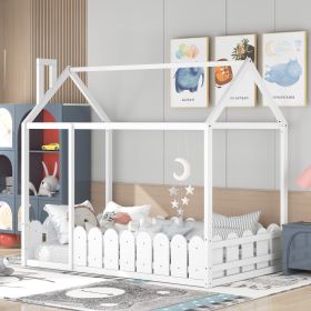 {Slats are not included}Twin Size Wood Bed House Bed Frame with Fence,for Kids,Teens, Girls,Boys {White}{OLD SKU:WF194274AAK} - as pic