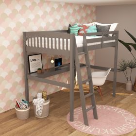 Everest Grey High Loft Bed with Desk and Storage, Heavy Duty Solid Wood Full Size Loft Bed Frame with Stairs