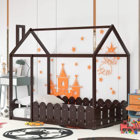 {Slats are not included}Twin Size Wood Bed House Bed Frame with Fence,for Kids,Teens, Girls,Boys {Espresso}{OLD SKU:WF194274AAP} - as pic