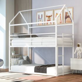 Bunk Beds for Kids Twin over Twin,House Bunk Bed Metal Bed Frame Built-in Ladder,No Box Spring Needed White - as pic
