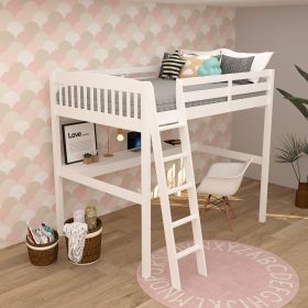 Everest White High Loft Bed with Desk and Storage, Heavy Duty Solid Wood Full Size Loft Bed Frame with Stairs for Kids and Toddlers