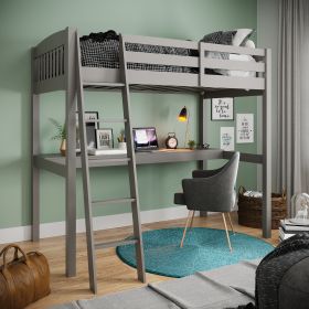 Everest Grey High Loft Bed with Desk and Storage, Heavy Duty Solid Wood Twin Size Loft Bed Frame with Stairs