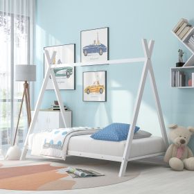 House Bed Tent Bed Frame Twin Size Metal Floor Play House Bed with Slat for Kids Girls Boys , No Box Spring Needed White - as pic