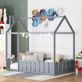 {Slats are not included}Twin Size Wood Bed House Bed Frame with Fence,for Kids,Teens, Girls,Boys {Gray}{OLD SKU:WF194274AAE} - as pic