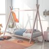 House Bed Tent Bed Frame Twin Size Metal Floor Play House Bed with Slat for Kids Girls Boys , No Box Spring Needed Pink - as pic