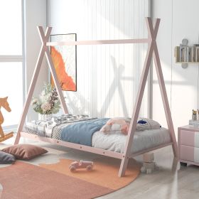 House Bed Tent Bed Frame Twin Size Metal Floor Play House Bed with Slat for Kids Girls Boys , No Box Spring Needed Pink - as pic