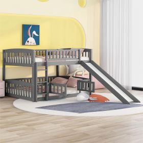 Bunk Bed with Slide,Full Over Full Low Bunk Bed with Fence and Ladder for Toddler Kids Teens Gray - as pic