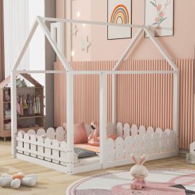 (Slats are not included) Full Size Wood Bed House Bed Frame with Fence,for Kids,Teens,Girls,Boys (White )(OLD SKU:WF281294AAK) - as pic