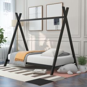 House Bed Tent Bed Frame Twin Size Metal Floor Play House Bed with Slat for Kids Girls Boys , No Box Spring Needed Black - as pic