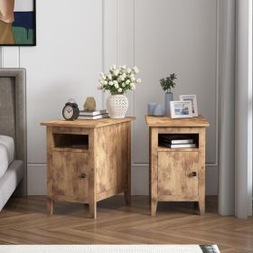 Modern Farmhouse Nightstand Set of 2; Wooden Bedside End Table with Switchable Door; Open Shelf; Hidden Storage- Brown