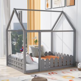 (Slats are not included)Full Size Wood Bed House Bed Frame with Fence, for Kids, Teens, Girls, Boys (Gray )(OLD SKU:WF281294AAE) - as pic