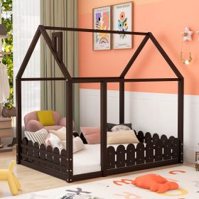 (Slats are not included)Full Size Wood Bed House Bed Frame with Fence,for Kids,Teens,Girls,Boys (Espresso )(OLD SKU:WF281294AAP) - as pic