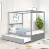 Full Size Canopy Bed with Twin Trundle, Kids Solid Wood Platform Bed Frame w/ Headboard, No Box Spring Needed Grey Color - as pic