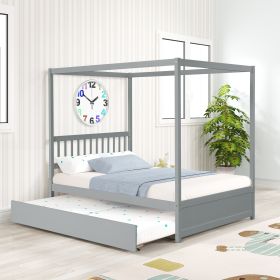 Full Size Canopy Bed with Twin Trundle, Kids Solid Wood Platform Bed Frame w/ Headboard, No Box Spring Needed Grey Color - as pic