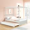 Full Size Canopy Bed with Twin Trundle, Kids Solid Wood Platform Bed Frame w/ Headboard, No Box Spring Needed White Color - as pic
