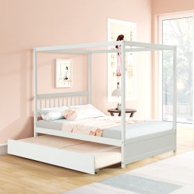 Full Size Canopy Bed with Twin Trundle, Kids Solid Wood Platform Bed Frame w/ Headboard, No Box Spring Needed White Color - as pic