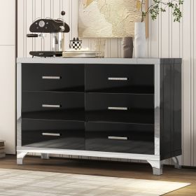 Elegant High Gloss Dresser with Metal Handle,Mirrored Storage Cabinet with 6 Drawers for Bedroom,Living Room - Black - MDF