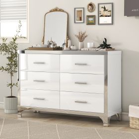 Elegant High Gloss Dresser with Metal Handle,Mirrored Storage Cabinet with 6 Drawers for Bedroom,Living Room - White - MDF