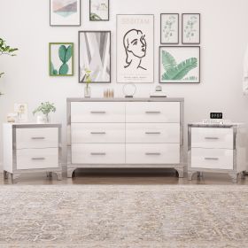3-Pieces Sets,Dresser and Two Nightstands with Metal Handles and Mirror Decoration, Elegant - White - MDF