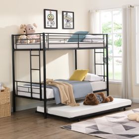 Over Twin Bunk Bed Frame with Trundle,Metal Bunkbed with Sturdy Guard Rail and 2 sideLadders- Black