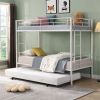Over Twin Bunk Bed Frame with Trundle,Metal Bunkbed with Sturdy Guard Rail and 2 sideLadders- White