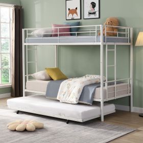 Over Twin Bunk Bed Frame with Trundle,Metal Bunkbed with Sturdy Guard Rail and 2 sideLadders- White