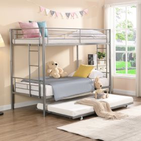 Over Twin Bunk Bed Frame with Trundle,Metal Bunkbed with Sturdy Guard Rail and 2 sideLadders- Silver