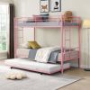 Over Twin Bunk Bed Frame with Trundle,Metal Bunkbed with Sturdy Guard Rail and 2 sideLadders- Pink