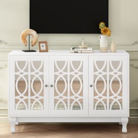 Modern Mirrored TV Stand for TV up to 55 Inches,Entertainment Center Solid Wood Legs,Metal Handle and 3 Adjustable Shelves For Living room - White