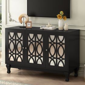 Modern Mirrored TV Stand for TV up to 55 Inches,Entertainment Center Solid Wood Legs,Metal Handle and 3 Adjustable Shelves For Living room - Black