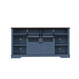 Farmhouse TV Stand with Sliding Barn Door & Drawer, 75" Rustic Entertainment Center for TVs up to 75" - Blue