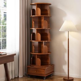Rotating Bookshelf, 360 Display Corner Bookshelf for Small Space, 6 Tier Bookcase Storage Rack with Wheels, Wood Narrow Organizer, Walnut Brown
