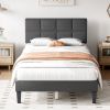Twin Size Bed Frame - Linen Upholstered Platform Bed with Headboard, No Box Spring Needed with 800LBS Sturdy Wooden Slats, Dark Grey