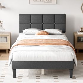 Twin Size Bed Frame - Linen Upholstered Platform Bed with Headboard, No Box Spring Needed with 800LBS Sturdy Wooden Slats, Dark Grey