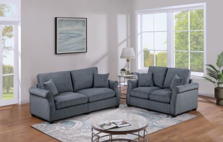 Classic Living Room 2pc Sofa Set Dark Gray Corduroy Sofa Loveseat w Pillows Square Arms Plush Couch - as Pic