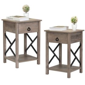 Set of 2 Farmhouse Wood Nightstand, Bed Sofa Side Table with Drawer, X-Shape Metal Sides, Square End Table Furniture- Rustic Gray and Black