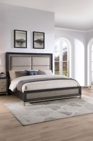 1pc Queen Size Panel Bed Upholstered Headboard Black Brown Finish Gold Finish Legs Solid Wood Wooden Bedroom Furniture - as Pic
