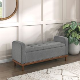 Mid-Century Modern Lift Top Storage Bench 1pc Tufted Gray Upholstered Solid Wood Walnut Finish Wooden Furniture - as Pic