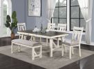Dining Room Furniture 6pc Dining Set Table w Leaf And 4x Side Chairs 1x Bench Gray Fabric Cushion Seat White Clean Lines Wooden Table Top - as Pic