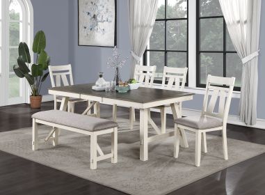 Dining Room Furniture 6pc Dining Set Table w Leaf And 4x Side Chairs 1x Bench Gray Fabric Cushion Seat White Clean Lines Wooden Table Top - as Pic