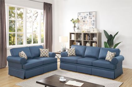 2pc Sofa Set Sofa And Loveseat Living Room Furniture Blue Glossy Polyfiber Cushion Couch - as Pic