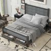 Queen Size Wood Frame Platform Bed with Upholstered Headboard, Footboard and 2 Drawers, Antique Gray - as Pic