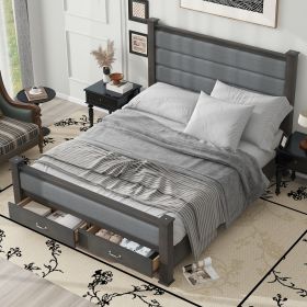 Queen Size Wood Frame Platform Bed with Upholstered Headboard, Footboard and 2 Drawers, Antique Gray - as Pic