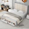 Queen Size Wood Frame Platform Bed with Upholstered Headboard, Footboard and 2 Drawers, Antique White - as Pic