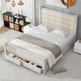 Queen Size Wood Frame Platform Bed with Upholstered Headboard, Footboard and 2 Drawers, Antique White - as Pic