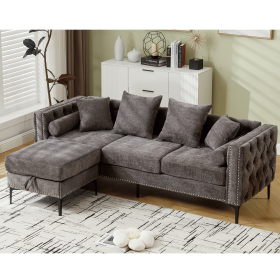 L Shaped Sectional Sofa , Convertible Storage Ottoman,Chenille ,Square Arm, Modern Tufted Couch ,3 Seater, And Nailhead, Dark gray - as Pic