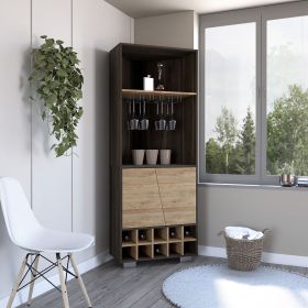 Fraktal Corner Bar Cabinet, Ten Built-in Wine Rack, Two Shelves, Double Door Dark Oak / Pine - as Pic
