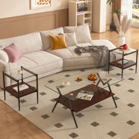 Coffee Table and End tables Set of 3, Tempered Glass Table with MDF layer, Modern Tables for Living Room , Transparent Glass - as Pic