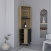 Kaia 70" Tall Corner Bar Cabinet With Four Shelves, Ten Wine Bottle Cubbies and Stemware in Natural Oak - Black - as Pic